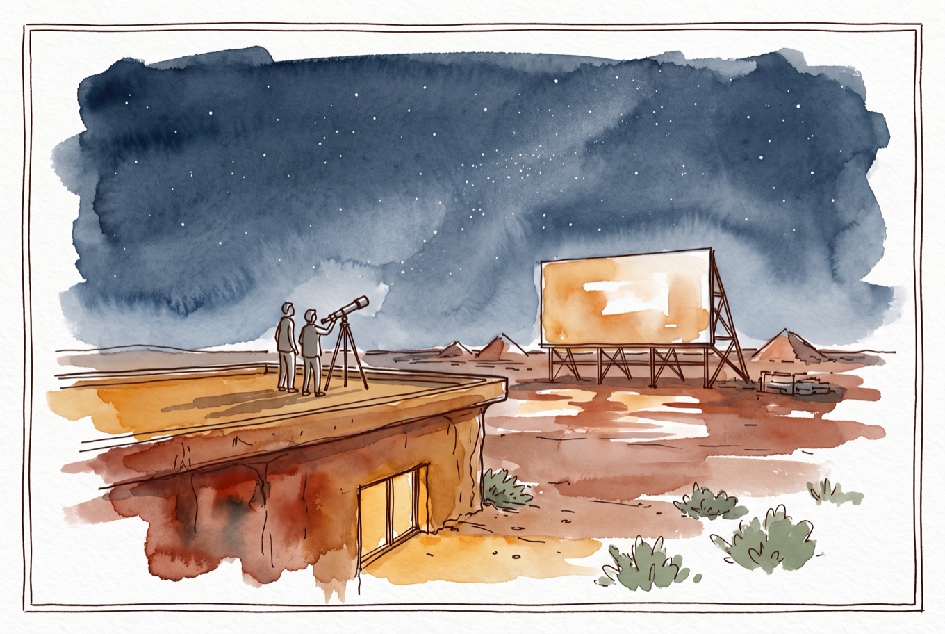 Watercolour field illustration of Things to Do in Coober Pedy at Night