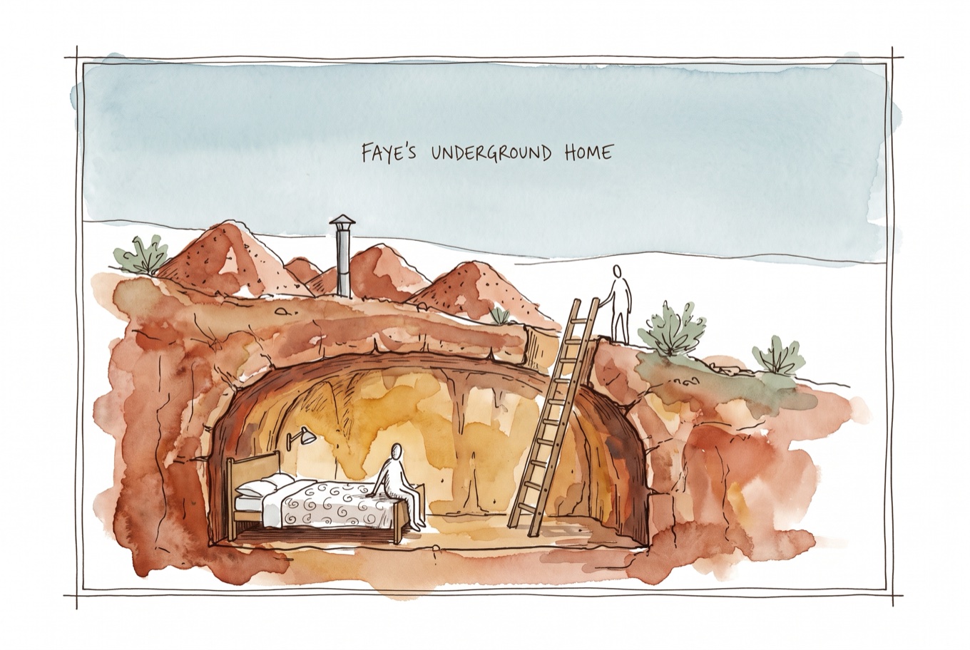Watercolour field illustration of Underground Coober Pedy