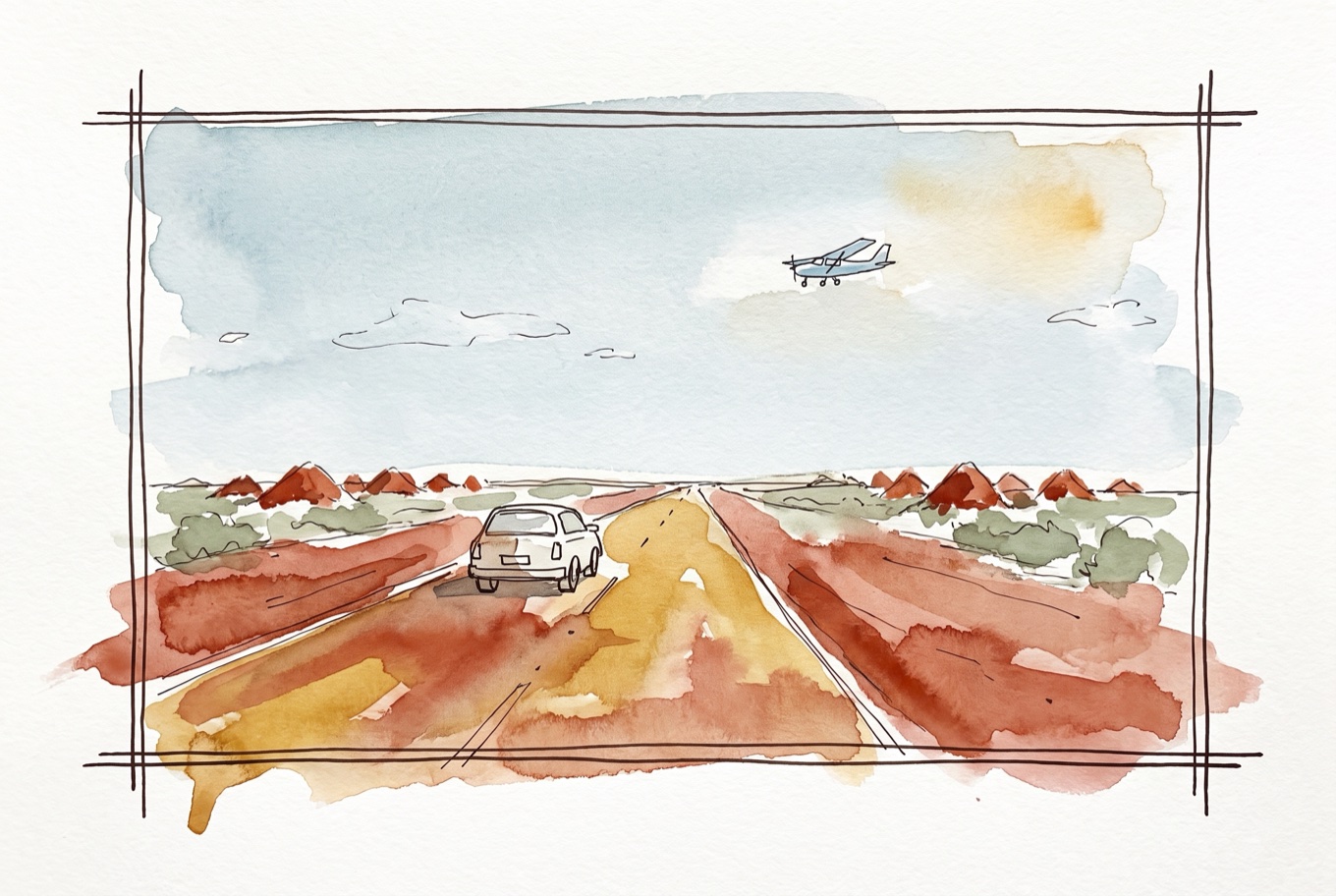 Watercolour field illustration of Getting to Coober Pedy & Getting Around
