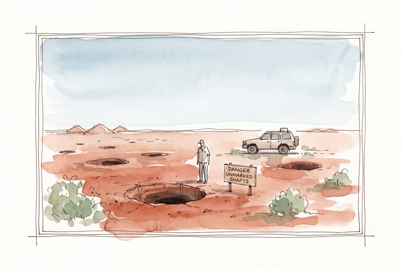 Watercolour field illustration of Outback Safety in Coober Pedy